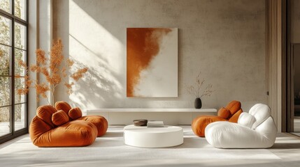 Modern living room with stylish orange furniture and abstract art in sunlit interior space