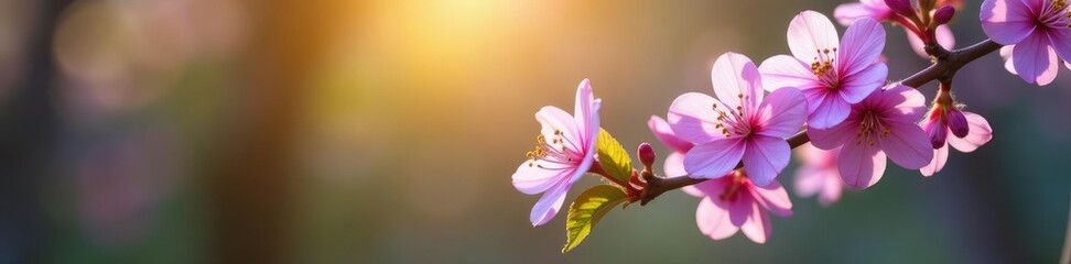 Fototapeta premium Dainty purple flowers cling to a sun-drenched branch, dainty, delicate