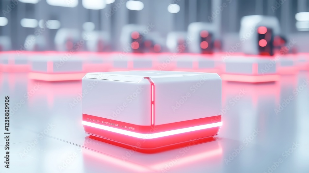 Poster warehouse robots efficiently sorting parcels, automated logistics in motion, illuminated scanner lig