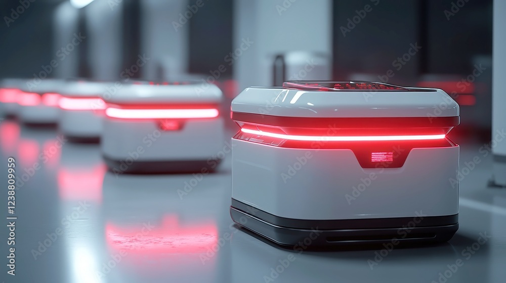 Poster warehouse robotics in action, automated sorting of parcels, glowing scanner lights efficiently proce