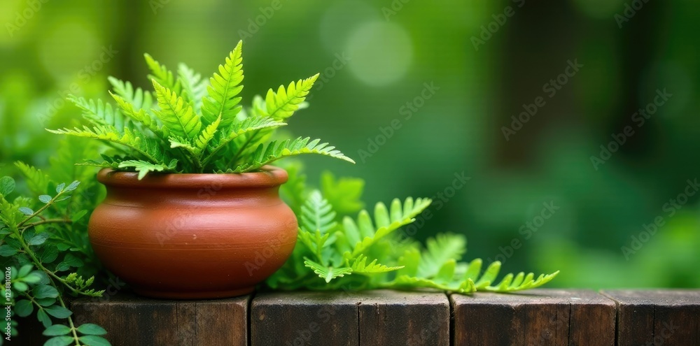 Wall mural Handmade clay pot nestled among ferns on a wooden fence, nested, pot, whimsical