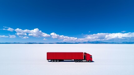 Camion poids lourd rouge au milieu d'une vaste &eacute;tendue d&eacute;sertique.