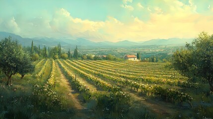 Fototapeta premium A picturesque vineyard landscape featuring rows of green vines stretching across rolling hills. The scene is illuminated by golden sunlight, casting a warm glow over the landscape. A few scattered tre