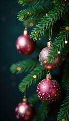 Fototapeta premium Iridescent and holographic paper decorations on a fir branch, tree, fir, ornaments