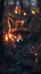 A lone fox peeking out from a burnt bush, glowing embers floating around. pic