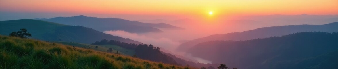 Fototapeta premium Misty dawn landscape with rolling hills and foggy valleys, sunrise, landscape, gentle