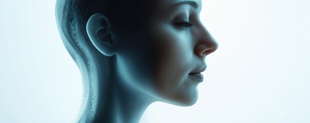 Serene woman's profile, studio shot, white background, peaceful meditation