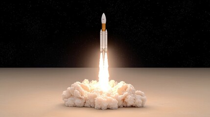 Rocket Launching into Space with Flame and Smoke Against Dark Background