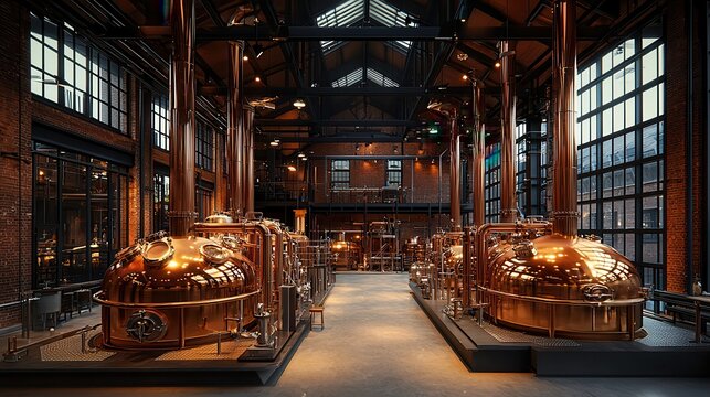 A craft beer experience filled with rich brews and enticing aromas. Industrial brewery interior with copper brewing equipment and large windows.