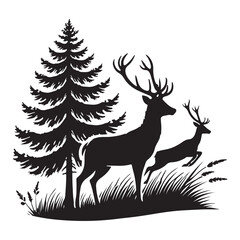Deer and Tree Silhouette in Meadow Illustration