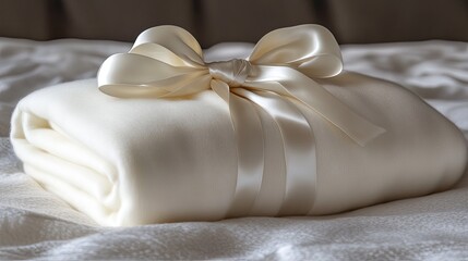 A luxurious cashmere throw wrapped in tissue paper with a satin ribbon. pic
