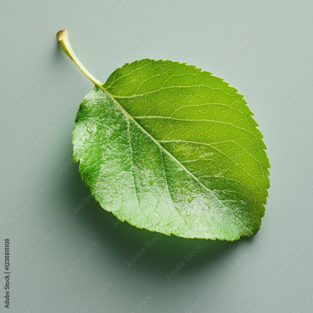 Poster A single green leaf rests on a gray surface