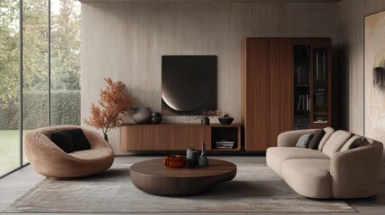 Modern living room with elegant furniture, large windows, and neutral tones in a cozy setting