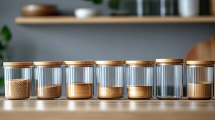 Seven glass jars with wooden lids are neatly arranged on a wooden countertop, showcasing an innovative and organized approach to food storage with some containing grains and powders
