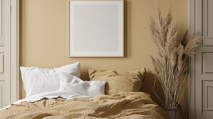 Beige bedroom mockup, pampas grass, interior design