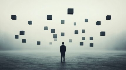 Man contemplates floating cubes in foggy landscape; problem-solving concept