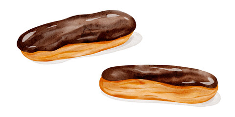 Watercolor Eclair Illustration Set with Chocolate Glaze and Cream Filling, Elegant Pastry Clipart for Gourmet Designs