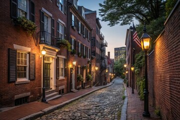 Fototapeta premium Street view of Beacon Hill neighborhood in Boston at dusk, brick buildings, historic homes