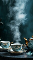 A luxury tea set with fine china teacups and a steaming teapot.