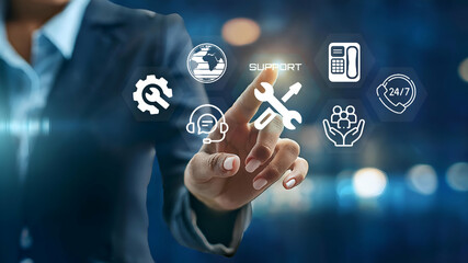 A businessman using virtual screen with Technical support and customer service concept.