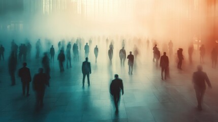 Silhouetted crowd in misty sunrise cityscape with ambient light and shadows