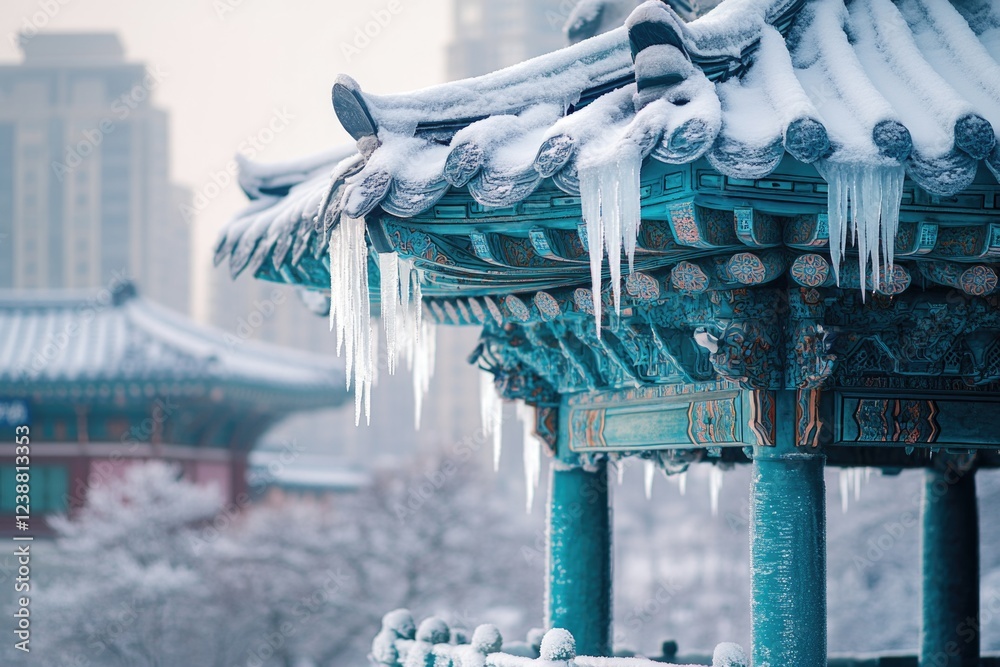 Wall mural A gazebo covered in icicles, perfect for winter scenes or festive occasions