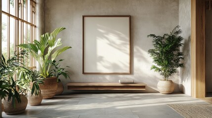 Minimalist interior with large blank canvas surrounded by lush green potted plants