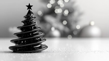 Elegant black christmas tree with star topper and bokeh background in monochrome setting