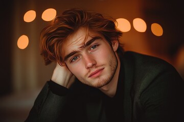 Fototapeta premium Portrait of a Thoughtful Young Man with Stylish Hair in Warm Ambient Lighting