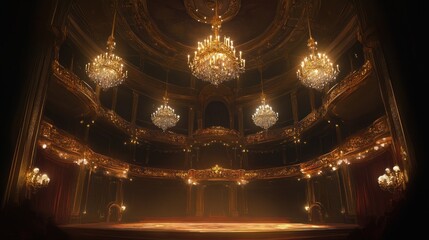 Obraz premium Opulent Golden Theater Interior With Crystal Chandeliers