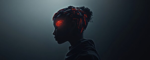 Girl, glowing brain, dark background, futuristic concept