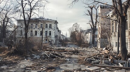 Fototapeta premium Devastation in ukrainian city collapsed structures, uprooted trees, and abandoned market area