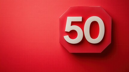 Bold red background with white 3d number 50 on octagonal shape