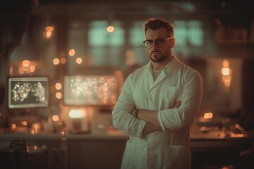 Fototapeta premium Confident Scientist in Dimly Lit Laboratory with Bokeh Lights and Computer Screens
