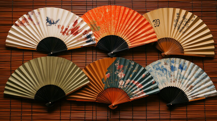 Assortment of traditional Chinese fans displayed against a bamboo backdrop during cultural celebration