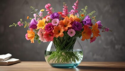 Fototapeta premium Table centerpiece with flowers in a glass vase, home decor, morning sunlight, table centerpiece