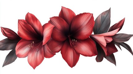 Vibrant red amaryllis flowers with dark leaves on white background