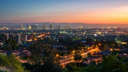 Fototapeta premium A panoramic city skyline at sunset.