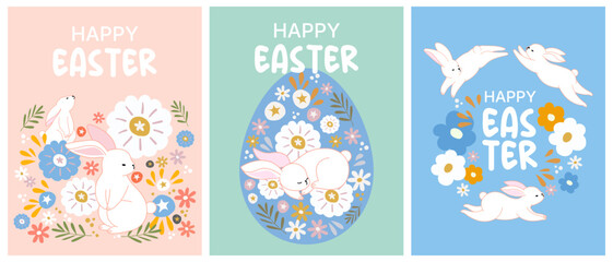 illustration of easter day concept,  card and background, cartoon and character, bunny or rabbit with flowers and egg