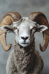 A close-up view of a ram with impressive horns, suitable for use in wildlife or nature-related contexts