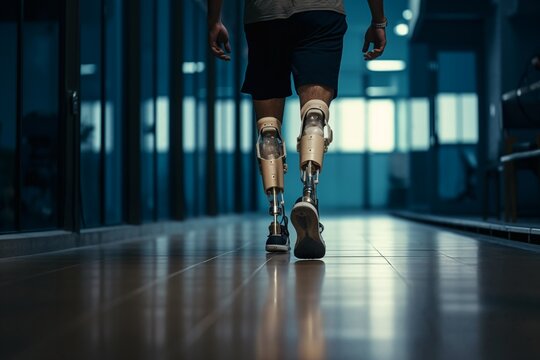 Amputee sportsman walking in corridor with bionic prosthetic legs prosthesis with robotic technology. Advancements in medical science and engineering, determination, strength, progress of the disabled
