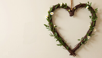 Rustic heart wreath crafted from twigs and adorned with delicate daisies hanging on a soft beige wall with copy space