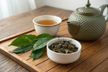 Tea leaves and tea vessel side by side on a wooden table, peaceful atmosphere, ancient tradition