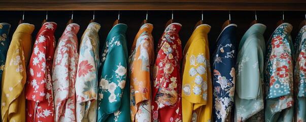 Traditional Japanese kimono arrangement showcasing vibrant colors and intricate designs in a display