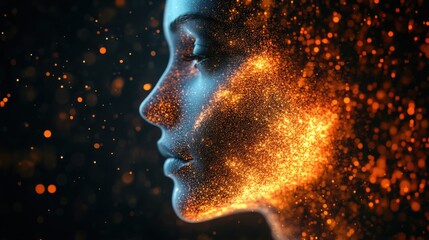 Digital female face with glowing particle effect on dark background
