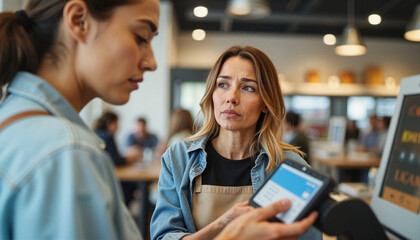 frustrated shopper Concerned customer looking at digital payment screen