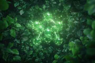 Eco friendly chemical bonding visualized among lush green foliage, symbolizing sustainability and innovation