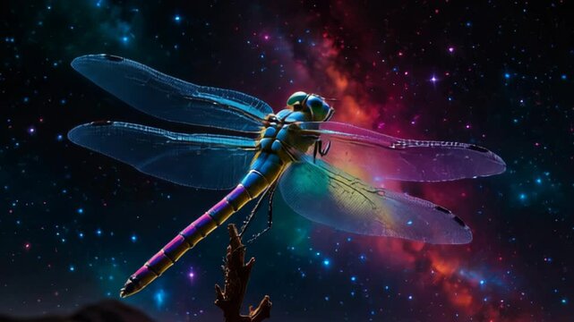 A colorful dragonfly is flying in the night sky