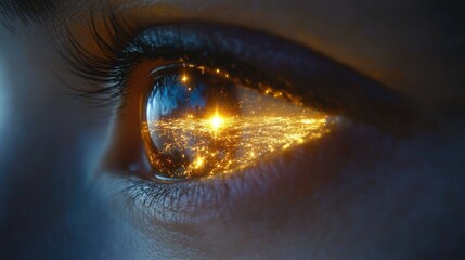 Naklejka premium Eye Reflecting Glowing Cityscape at Night - Futuristic Vision and Technology Concept