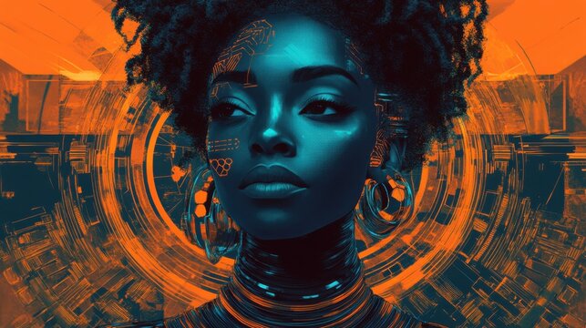 Futuristic portrait of a young african woman with digital circuitry elements and afro hair